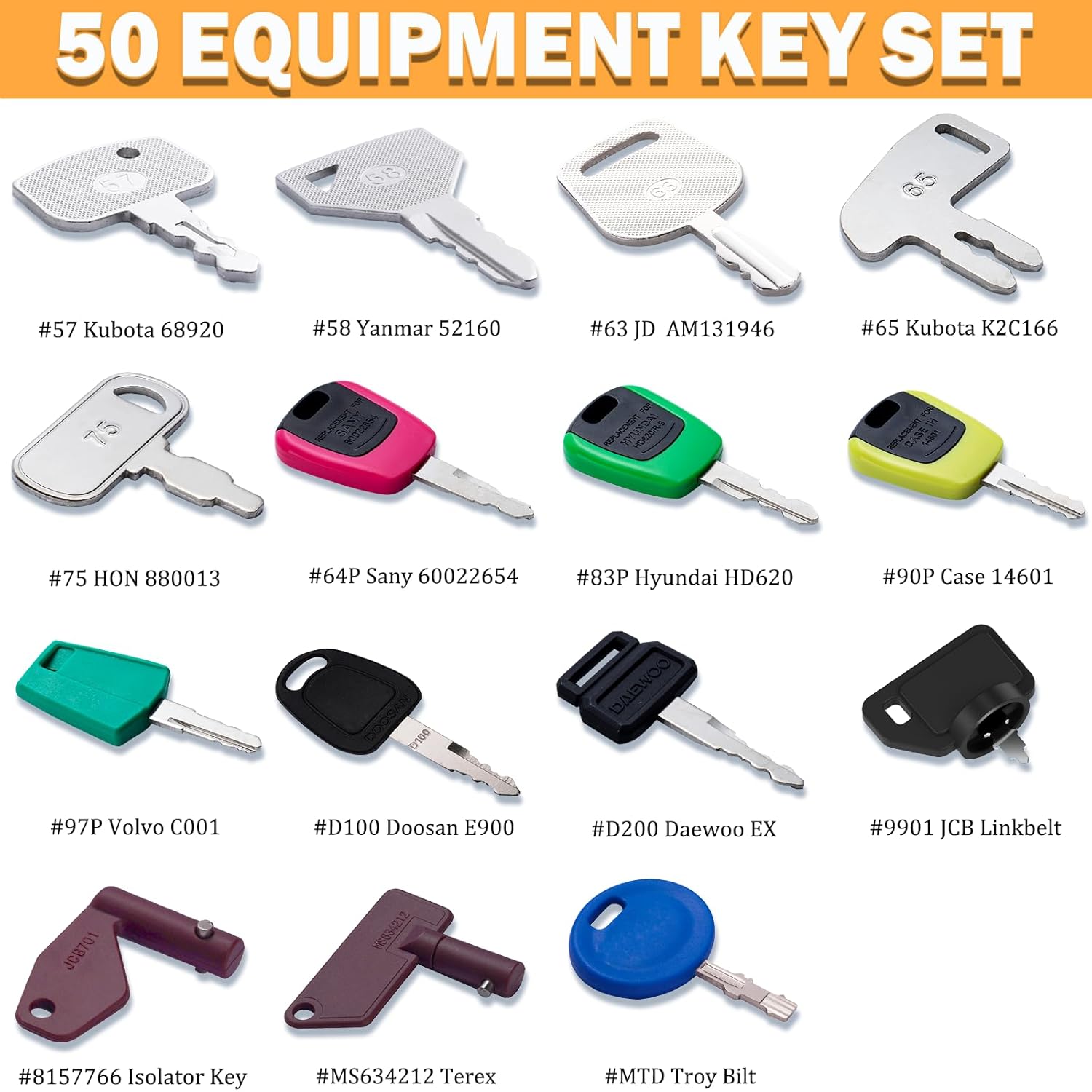 50 Heavy Equipment Keys Master Set, Construction Contractor Machine Ignition Keys Set Fits CAT Caterpillar Case John Deere JCB Hyster JLG Komatsu Kubota Yanmar New Holland Takeuchi Volvo