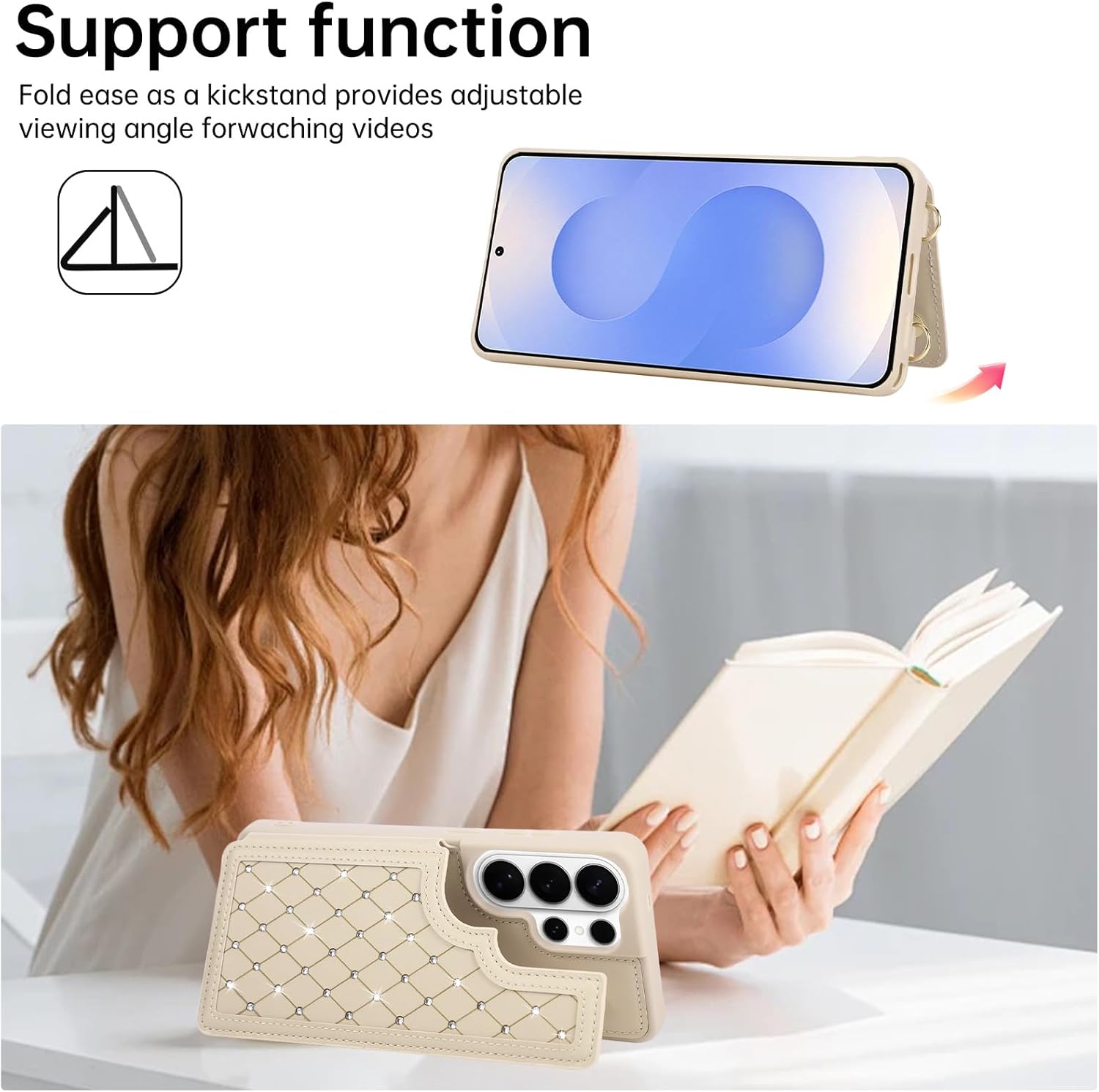 Crossbody Wallet Case for Samsung Galaxy S26 Ultra(6.9") with Detachable Strap - PU Leather Flip Folio with Card Slots & RFID Blocking, Sparkling Diamond Accents-Beige