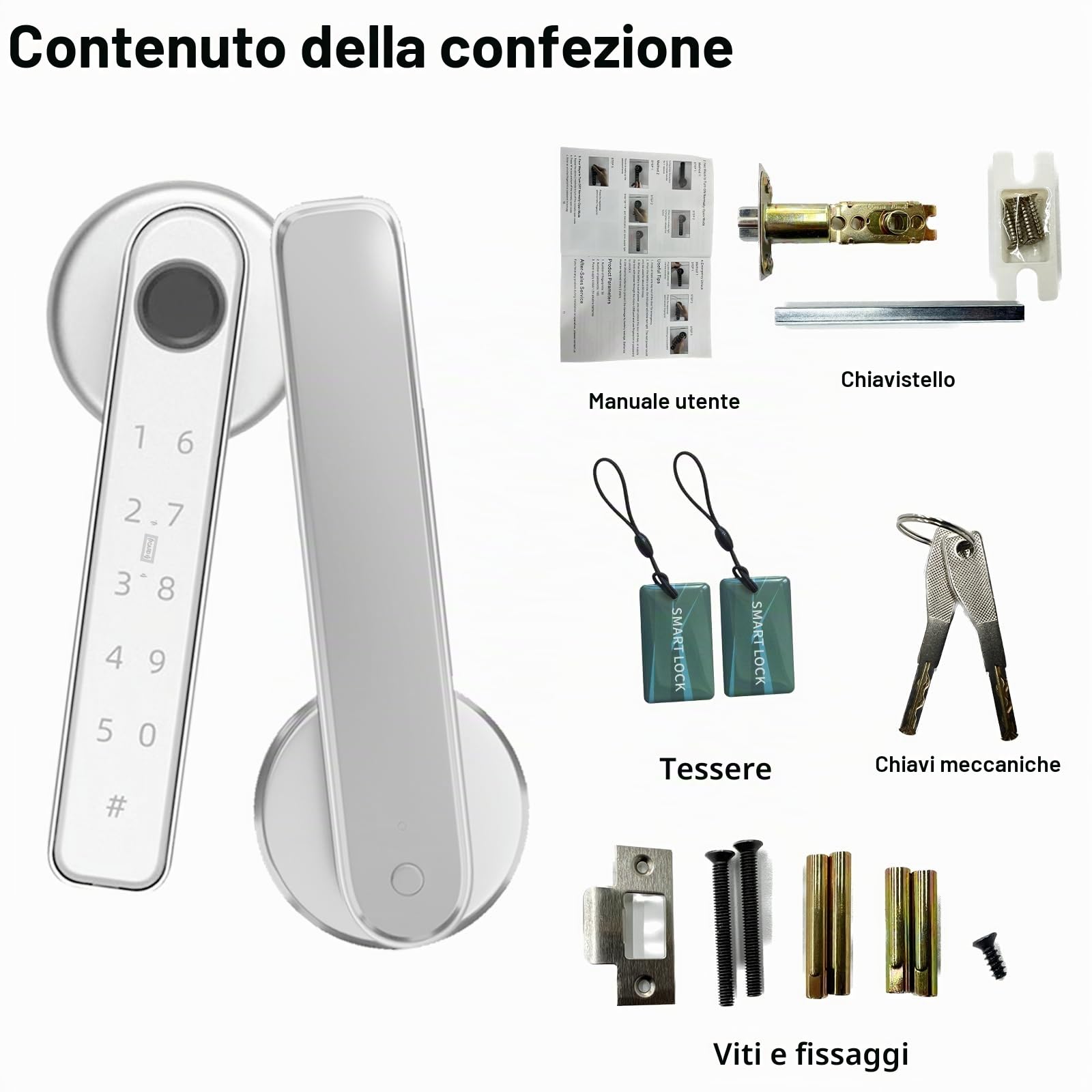 Serratura intelligente per porta con impronte digitali, 5 in 1, maniglia intelligente automatica per porta con controllo APP/impronte digitali/schede IC/password/chiavi di backup, serrature