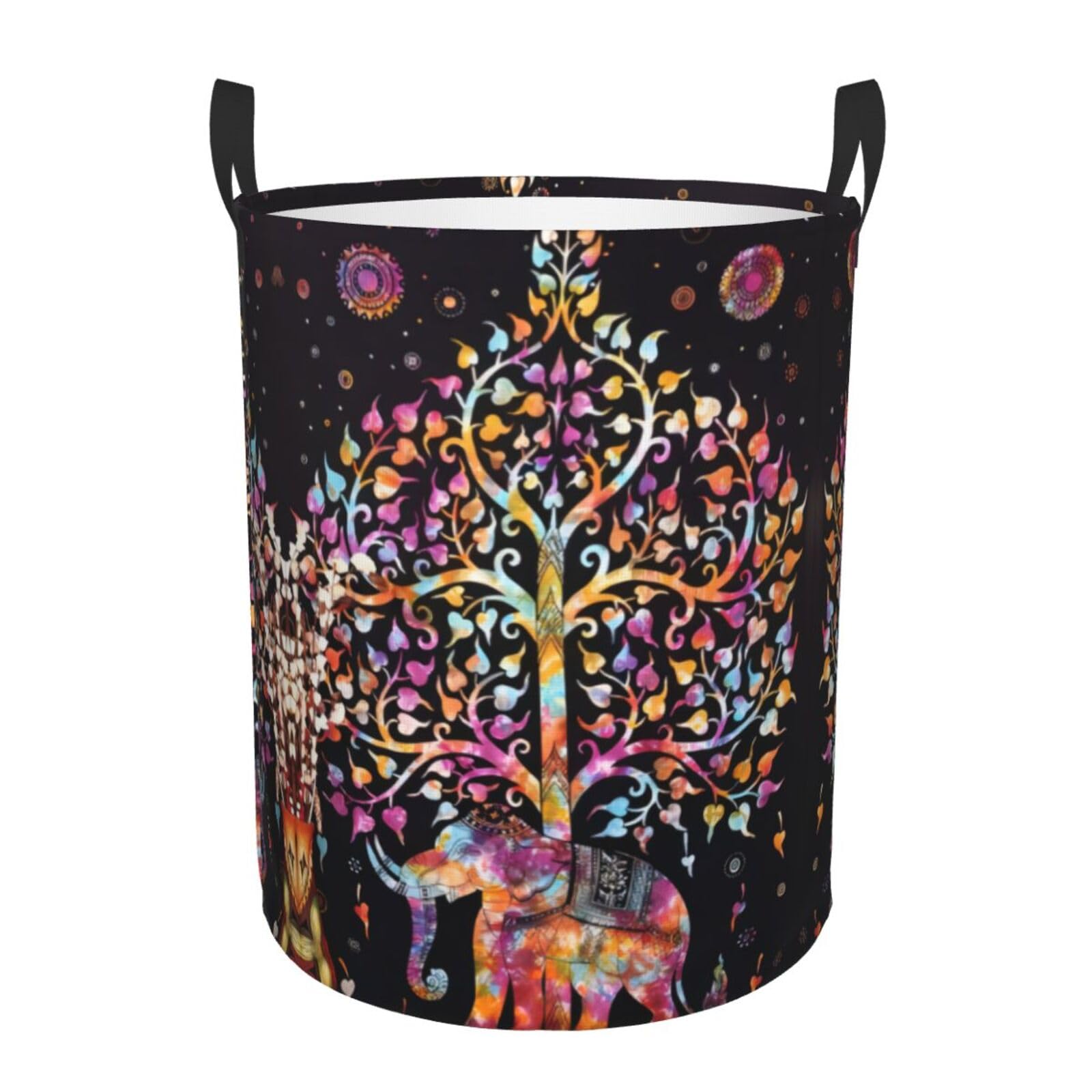 S Circular Hamper – Collapsible Elephant and Tree of Life Print Laundry Basket