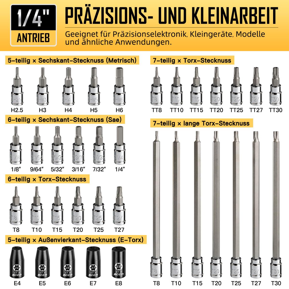 84-teiliges Sechskant- und Torx-Bitset, 1/4'', 3/8'', 1/2'' Antrieb (H2.5-H19, T8-T60, TT8-TT60, E4-E24) Metrisches & SAE-Bitset, mit S2- und Cr-V Stahl
