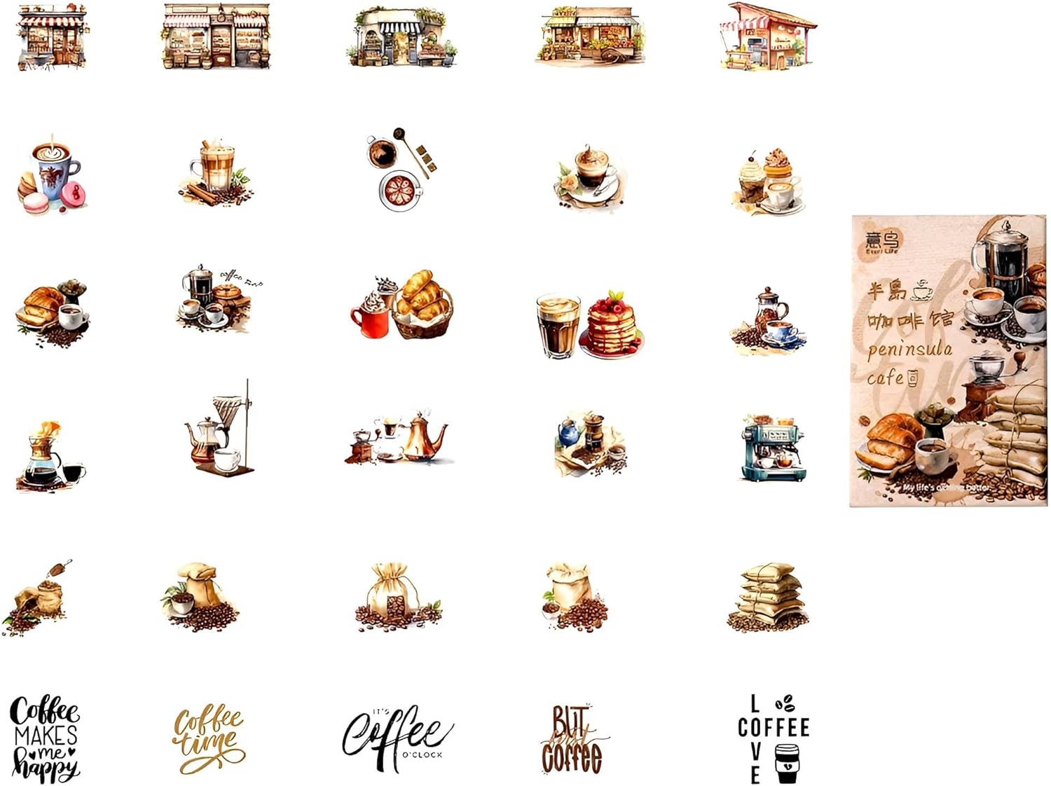 Italian Coffee Stickers Small Cute, Cute Espresso Latte Cappuccino Stickers, Italian Cafe Coffee Aesthetic for Scrapbook Planner Notebook, 30 pcs Boxed (Peninsula Cafe)