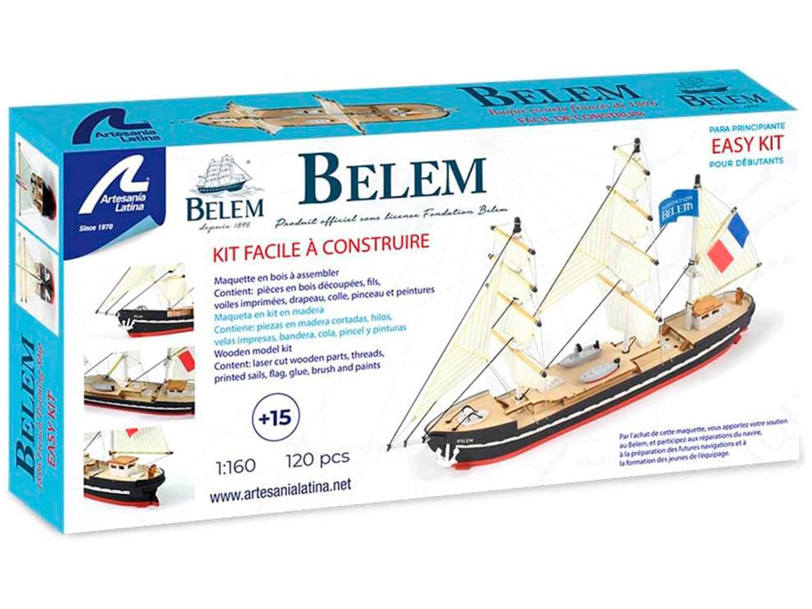 Artesanía Latina - Maquette de Bateau en Bois – Easy Kit Navire-École Français Belem - Modèle 17001, Échelle 1:160 - Modèles Réduits à Assembler - Niveau Débutant