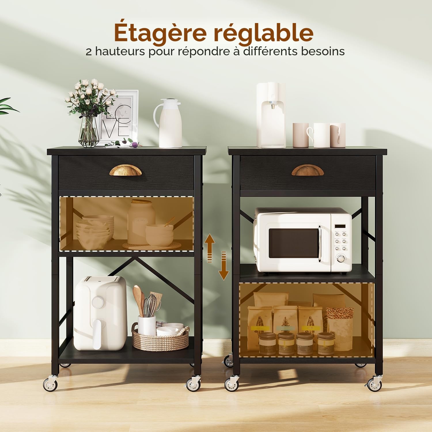 IBUYKE – Étagère boulanger de cuisine avec tiroirs, support à 3 niveaux pour four à micro-ondes avec espace de rangement, table de bar à café avec roulettes, étagère réglable, montage simple, noir