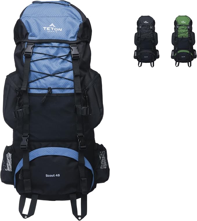 Teton 55L Scout Internal Frame Backpack for Hiking, Camping, Backpacking, Travel, Rain Cover Included, Olive