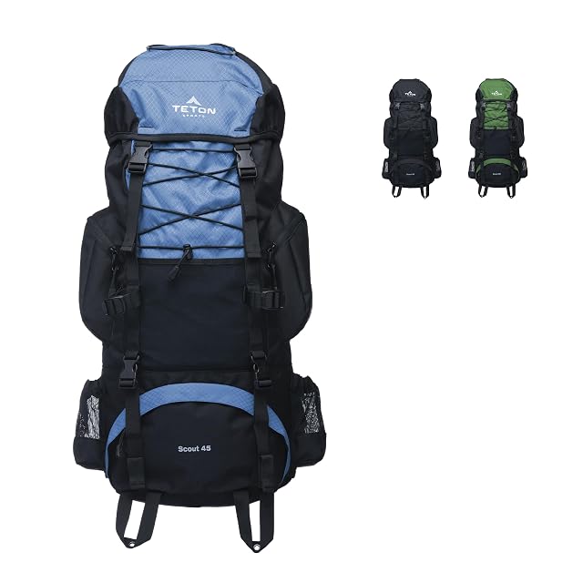 Teton 45L Scout Internal Frame Backpack for Hiking Camping Backpacking Rain Cover Included Bluejay