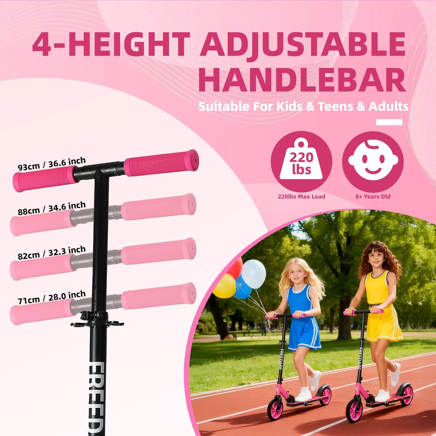 FREEDARE Kick Scooter for Kids & Adults Ages 8+, Foldable Teen Scooter with 2 Big 8-inch Wheels and 4-Level Adjustable Handlebar, Max Load 220 LBS - Image 2