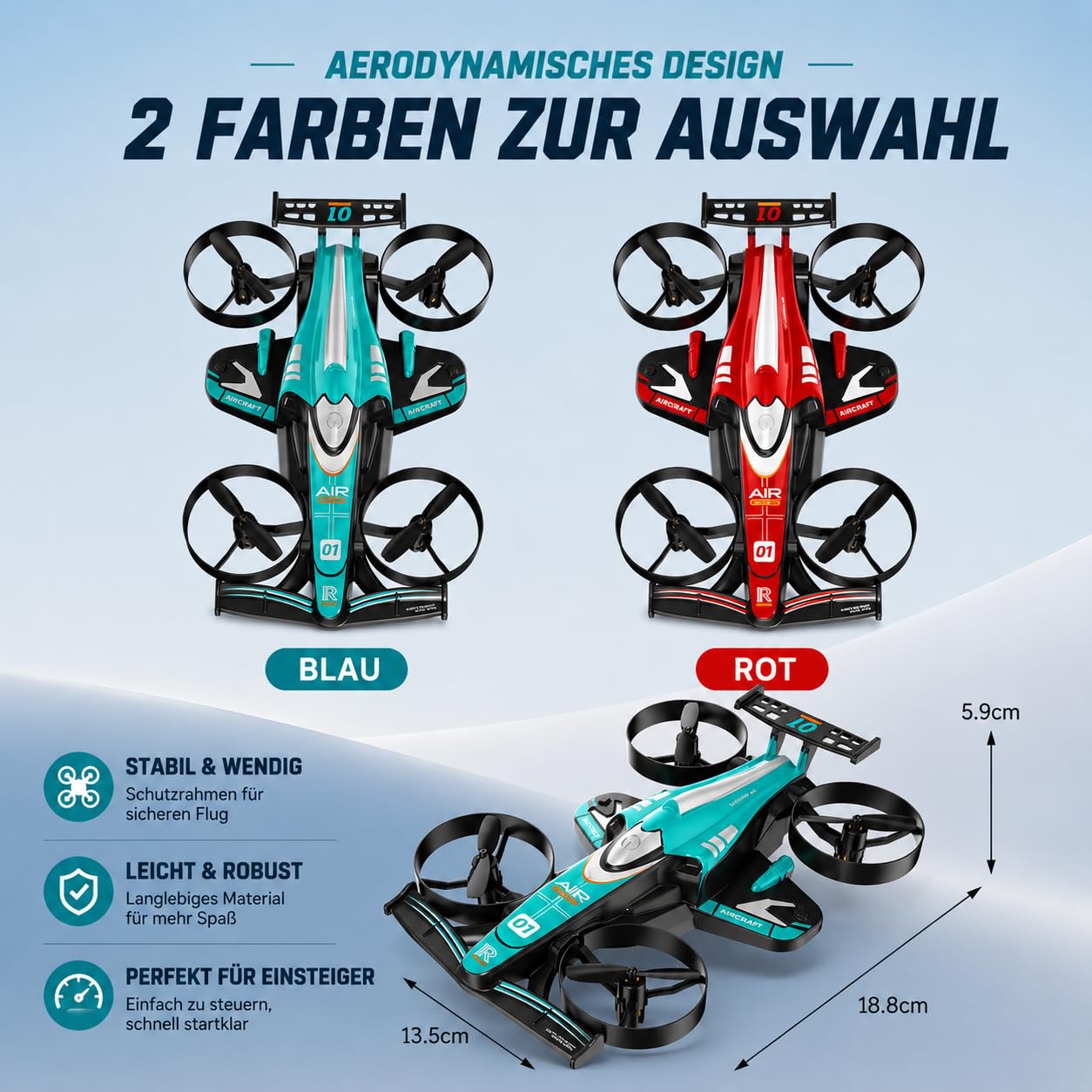 Mini drone RC 2 in 1 per bambini – rosso, modalità volo e pavimento, apertura a 360°, altezza 3 velocità, luci LED, avvio a tasto, rosso