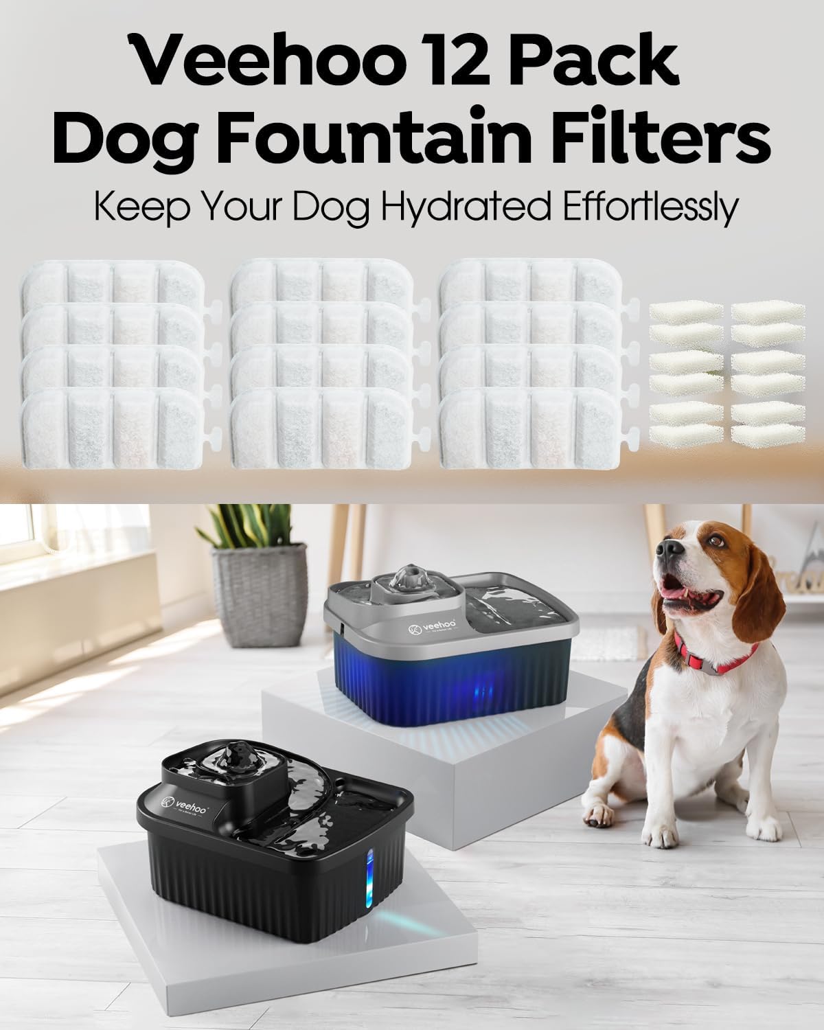 Veehoo 12 Pack Replacement Filters & 12 Pack Pre-Filter Sponges Set for 2.4Gal Dog Water Fountain, 6 Months Set of Replacement Filters for Dog Water Dispenser