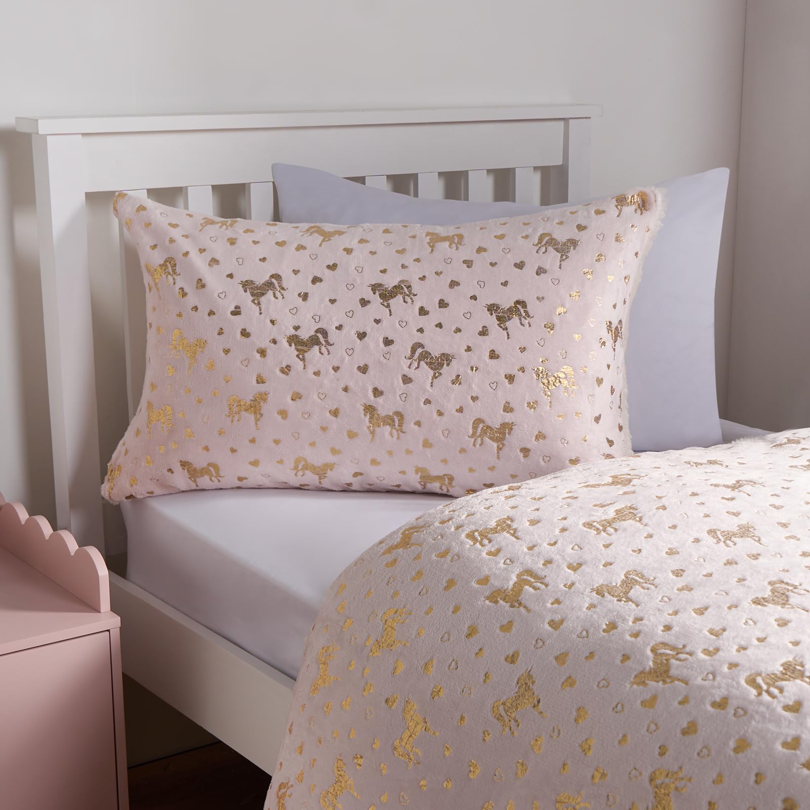 OHS Unicorn Fleece Duvet Cover Set - Pink - Double Size - Heart & Metallic Design - Warm & Soft Bedding