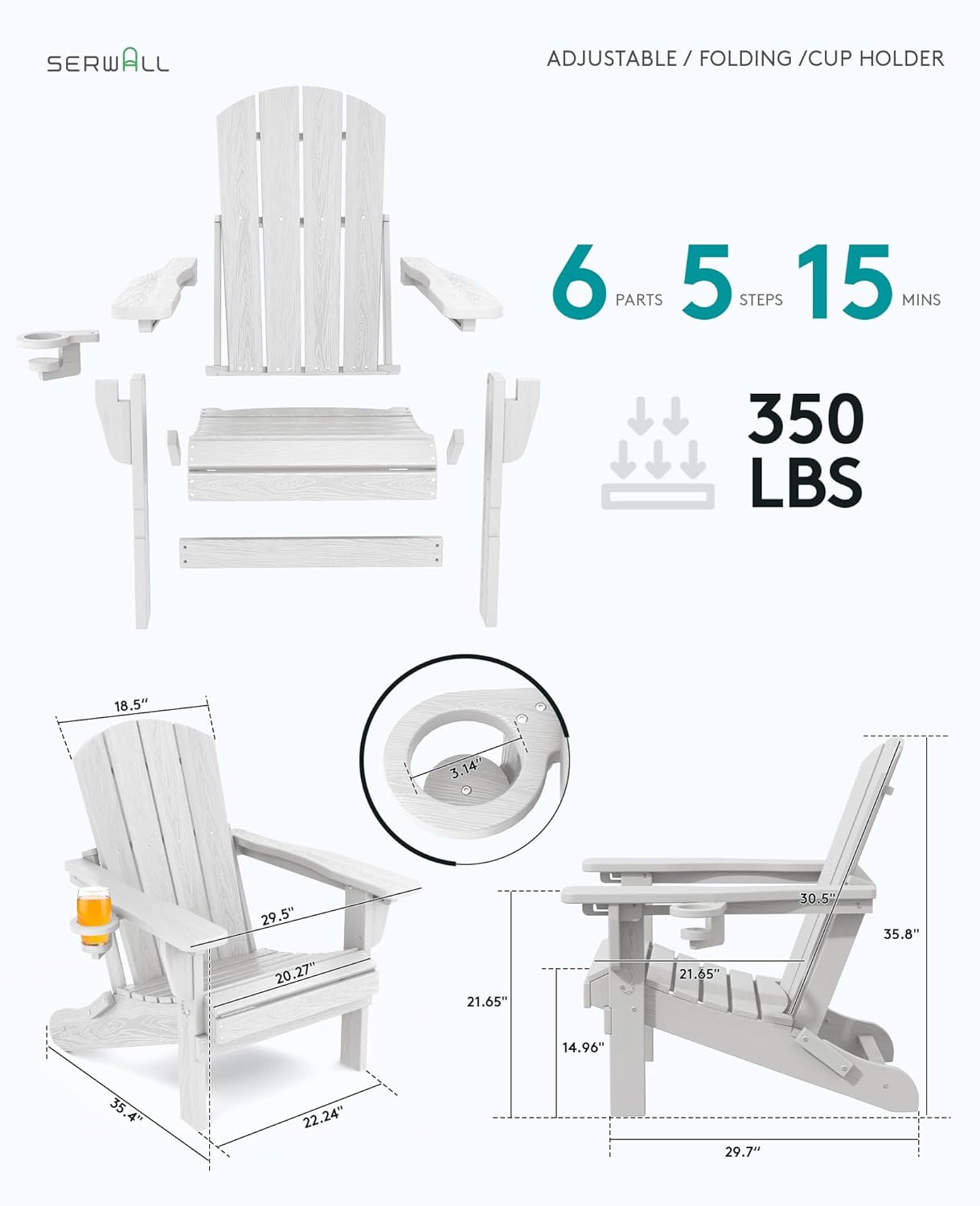 SERWALL Folding Adirondack Chair Set of 2, Reclining Adirondack Chair with 3 Recline Positions, All Weather HDPE Outdoor Adirondack, White