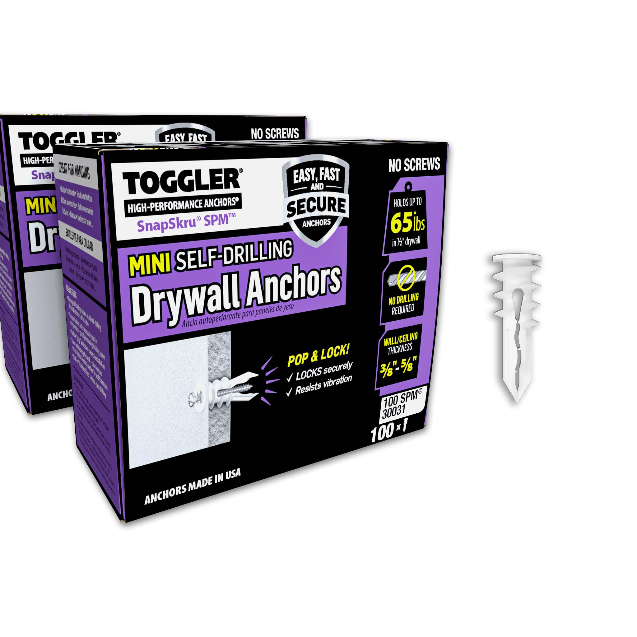 TOGGLER SnapSkru SPM Mini Self-Drilling Drywall Anchor, Glass-Filled Nylon, Made in US, For #6 to #8 Fastener Sizes (Pack of 100) (2-(Pack of 100))