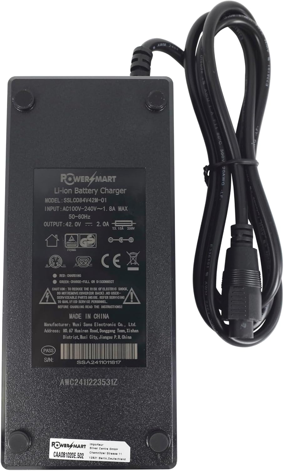 Top view of the PowerSmart 42V 2A charger showing its label with model number SSLC084V42M-01 and electrical specifications.