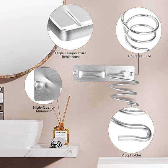 YUET Hair Dryer Holder Hairdryer Straightener Station Wall Mounted Metal Spiral Shelf Bracket Stand Hanger Organizer Blow Storage With Cable Tidy Rack For Dressing Table Bathroom Professional Silver