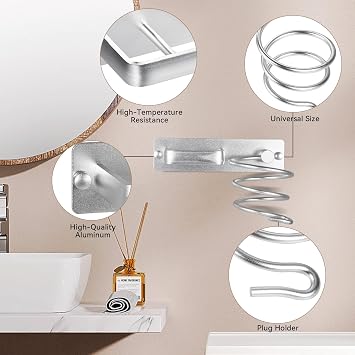 YUET Hair Dryer Holder Hairdryer Straightener Station Wall Mounted Metal Spiral Shelf Bracket Stand Hanger Organizer Blow Storage With Cable Tidy Rack For Dressing Table Bathroom Professional Silver