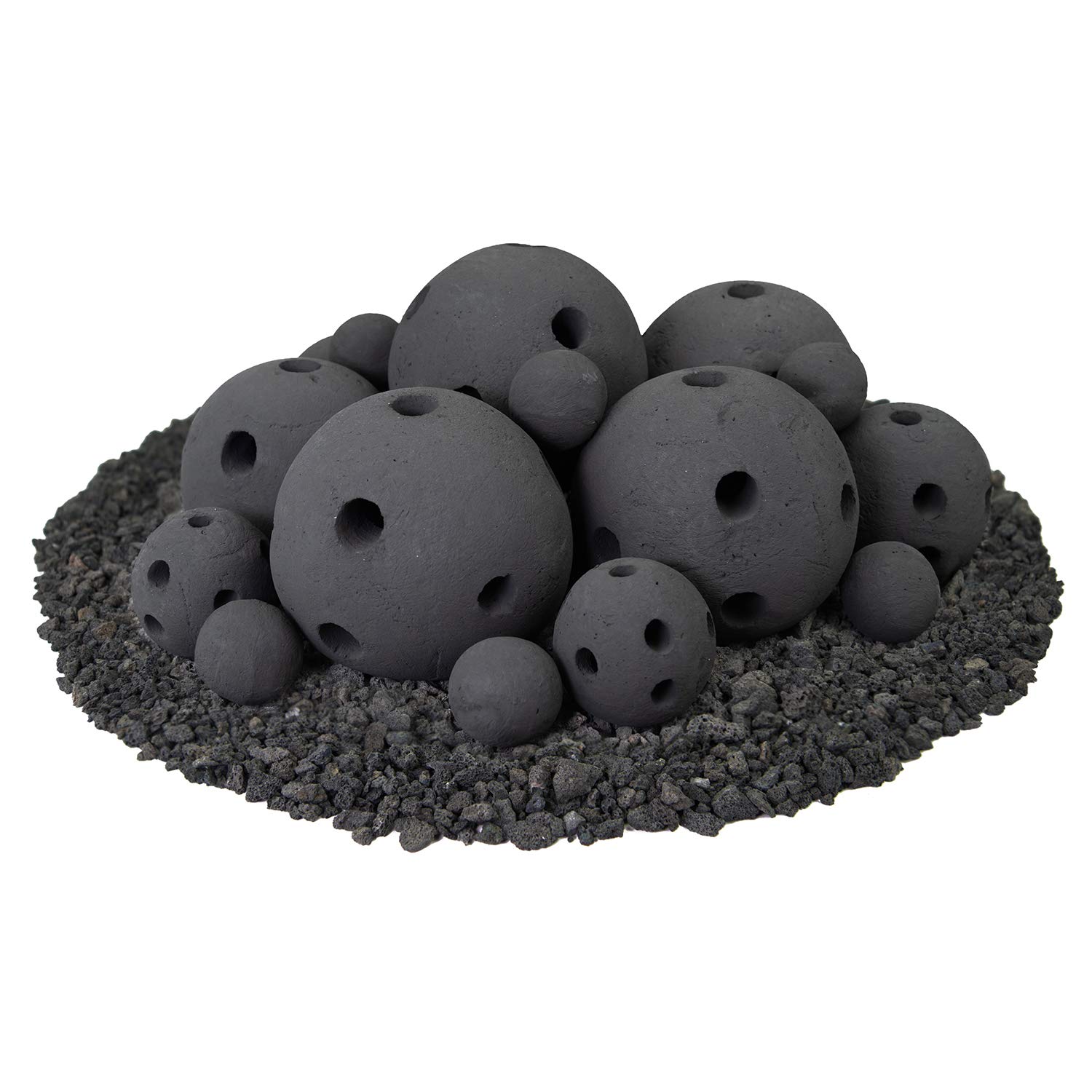 Hollow Ceramic Fire Balls | Mixed Set of 18 | Modern Accessory for Indoor and Outdoor Fire Pits or Fireplaces – Brushed Concrete Look | Midnight Black