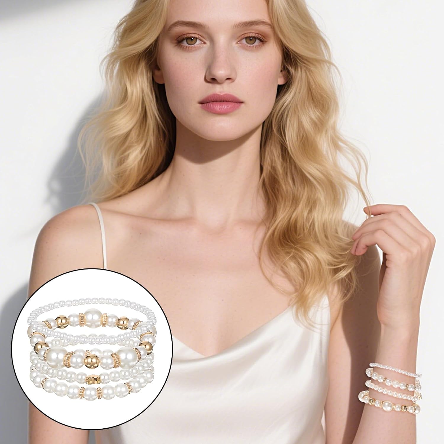 4 PCS Pearl Bracelets for Women, White & Gold Chunky Simulated Pearl Stackable Stretch Bracelet Set Multilayered Stretch Bead Ball Bracelet Jewelry Gifts for Women Bridesmaid Bridal Jewelry - Image 5