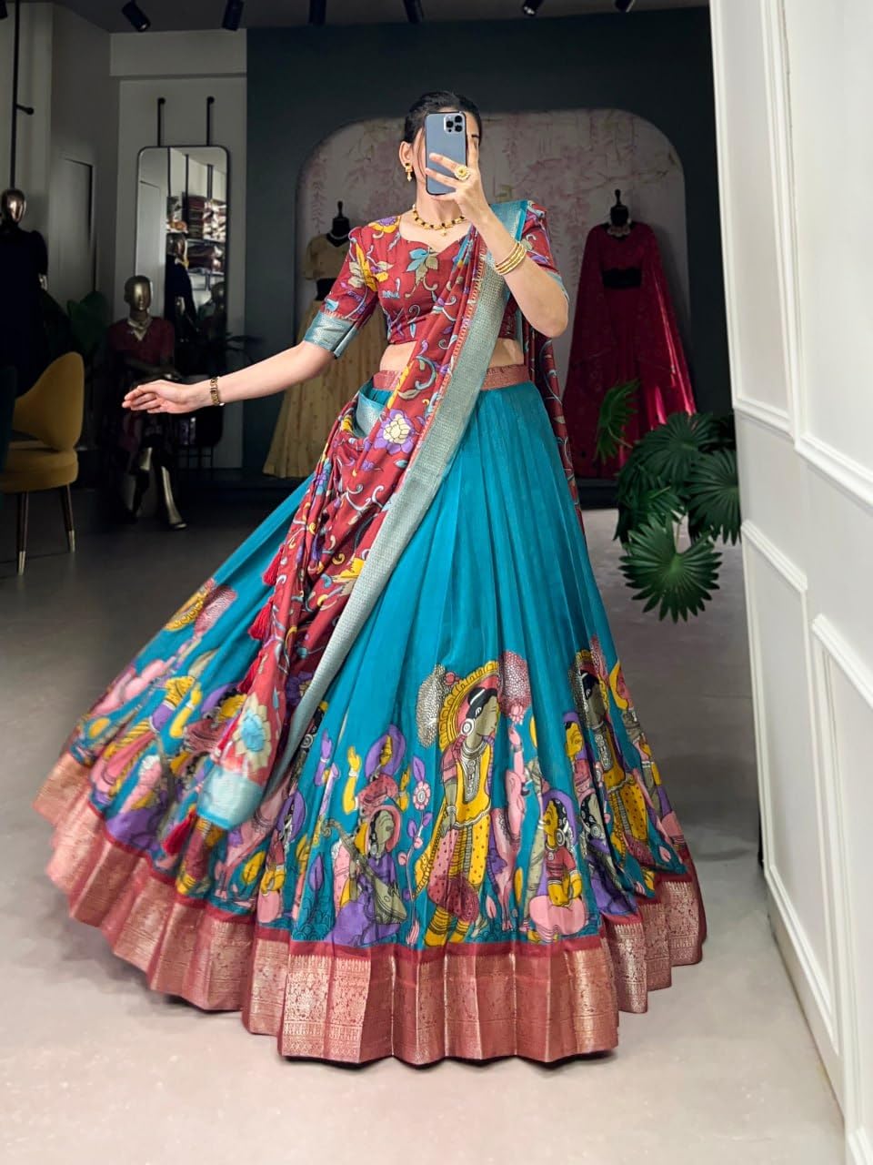 Women’s Teal Blue Maroon Lehenga Choli with Printed Dupatta, Dolla Silk Navratri Chaniya Choli for Garba, Wedding Party Wear Ethnic Lehenga Set (Firoji)-image-20