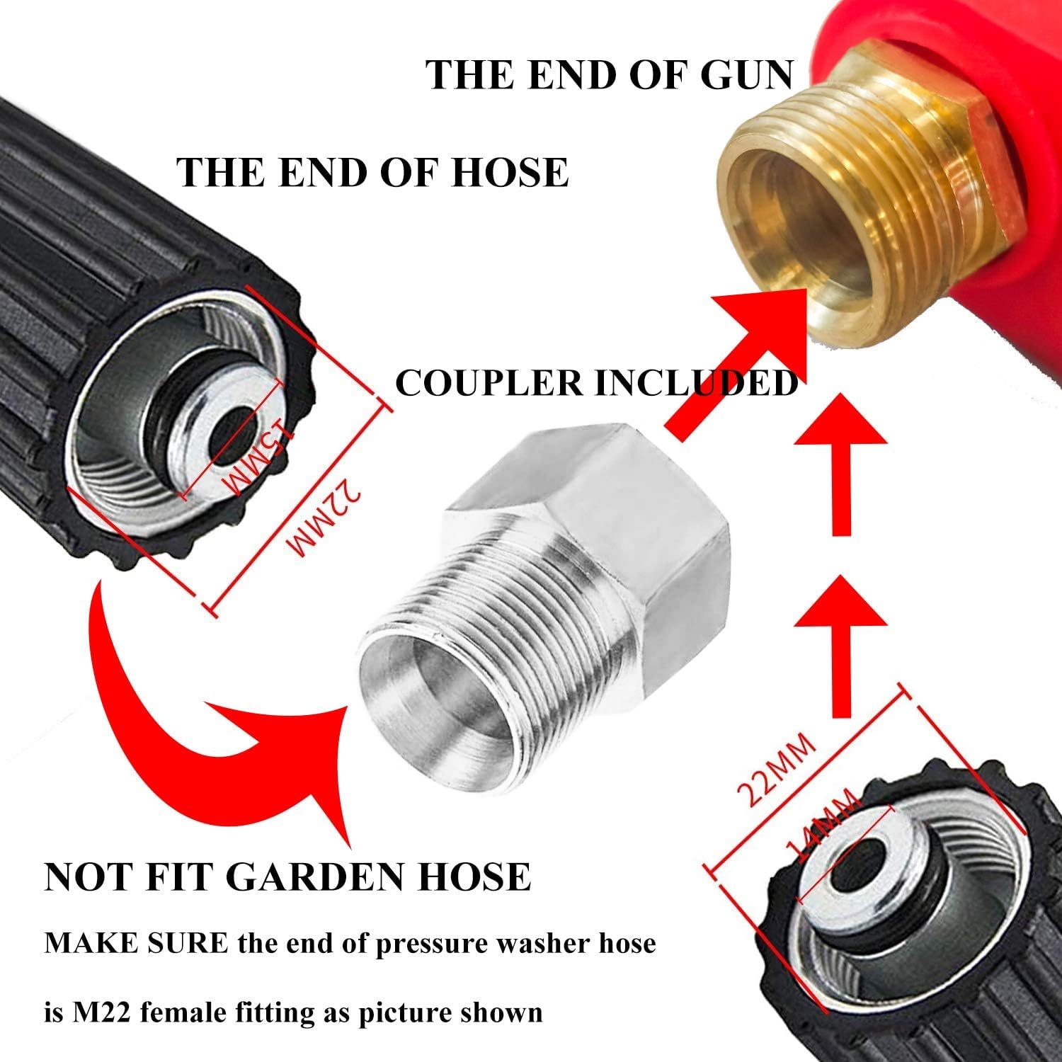 Hourleey Pistola de lavado de alta presión, pistola de lavado de energía roja con extensión de varita de repuesto, 5 puntas de boquilla, M22 de 14 mm a M22 de 15 mm, conector rápido M22 de 14 mm a