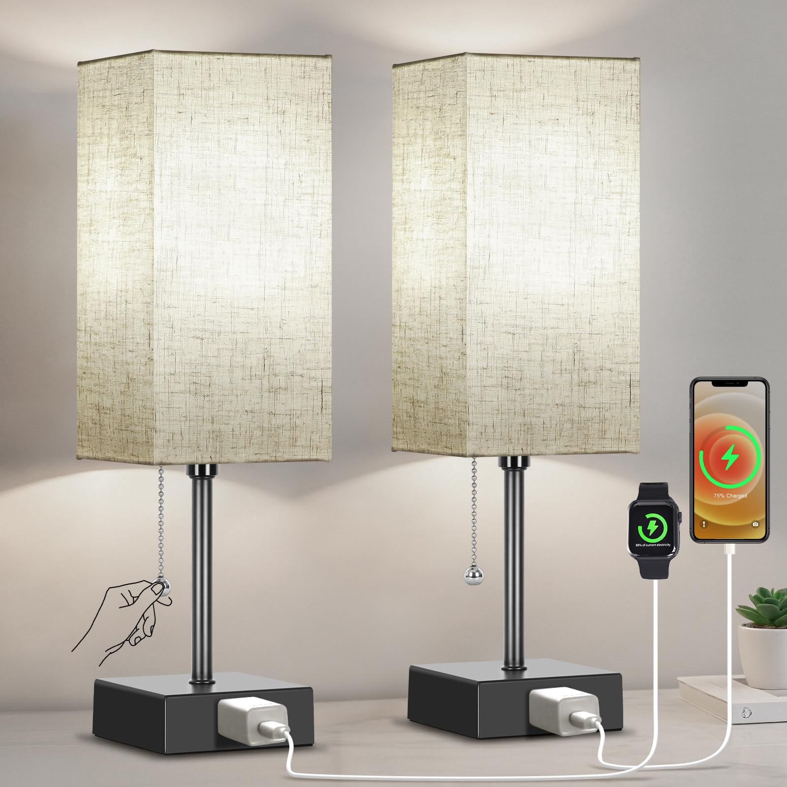 Table Lamp for Bedroom Set of 2 Bedside Lamps with 3 Color Temperatures Night Light Lamp for Night