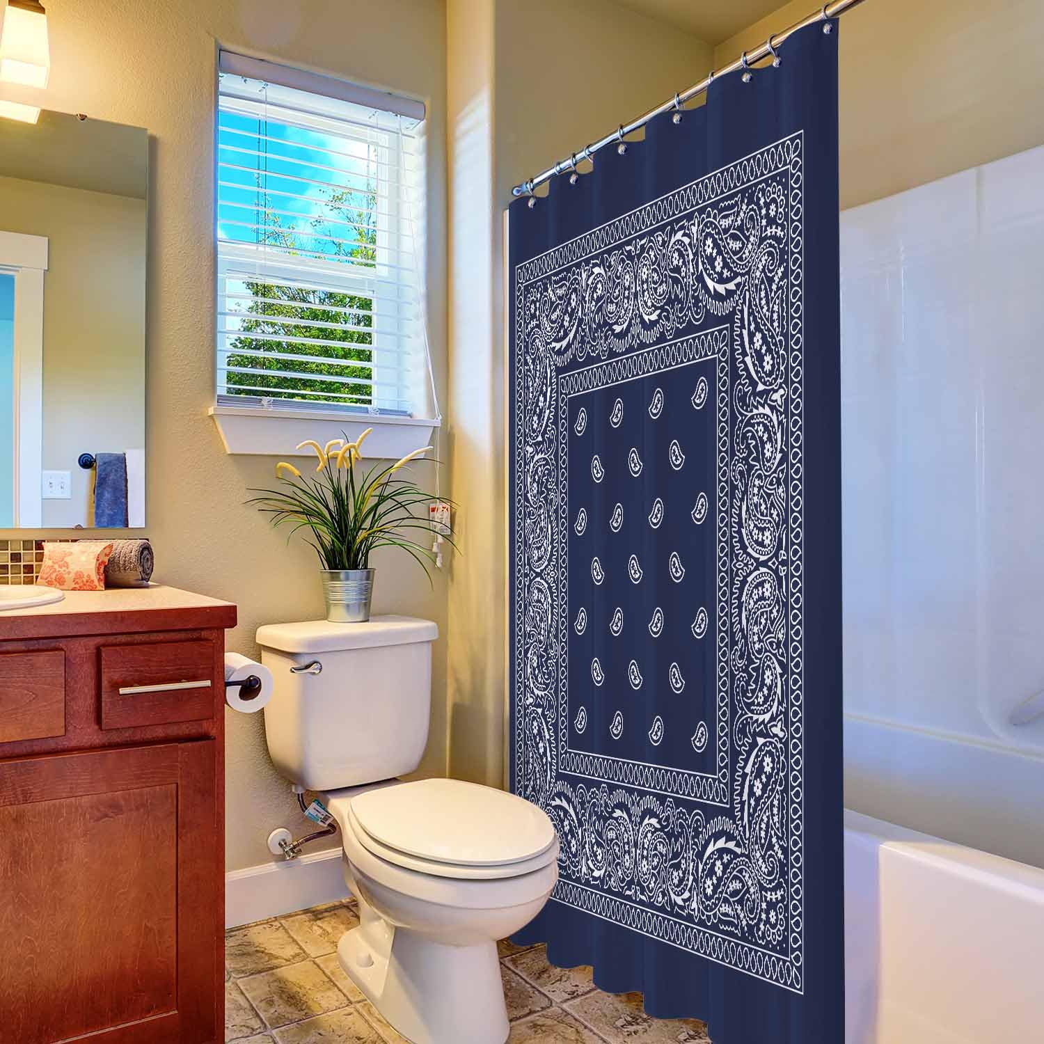 Woutay Shower Curtain Mould Proof Resistant Blue Traditional Floral Pattern,Water Repellant Fabric,Polyester,with 12 Plastic Hooks - Image 4