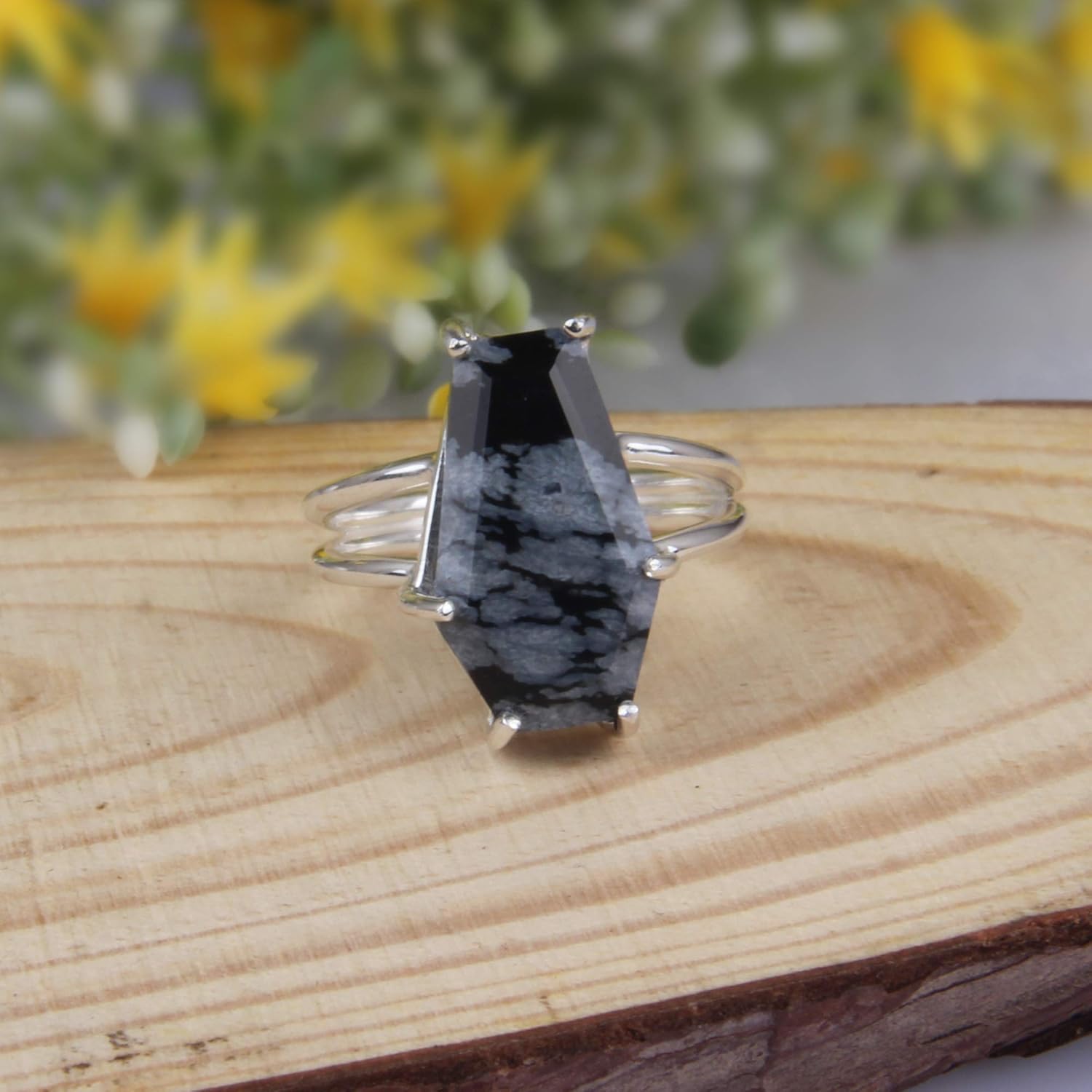 925 Sterling Silver Handmade Snowflake Obsidian Coffin Ring | Natural Gemstone Jewelry for Women | Ideal Gifts for Mom from Daughter or Son | Perfect for Anniversaries, Birthdays, Weddings, Christmas