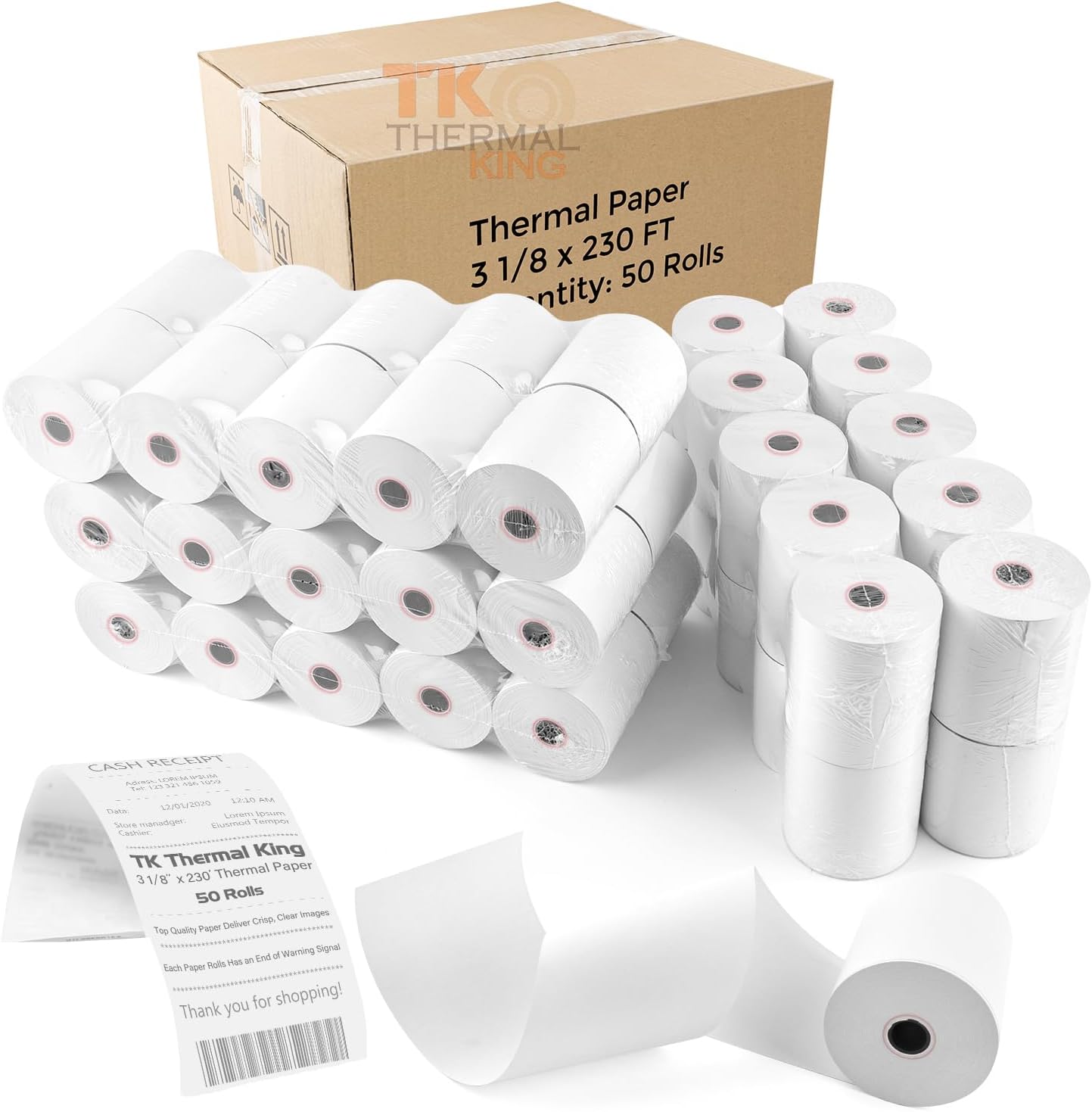 (50 Rolls) 3 1/8" x 230' Thermal Paper, POS Receipt Paper for Retail Business Cash Register, Fits Most Credit Card Terminal Point Of Sale