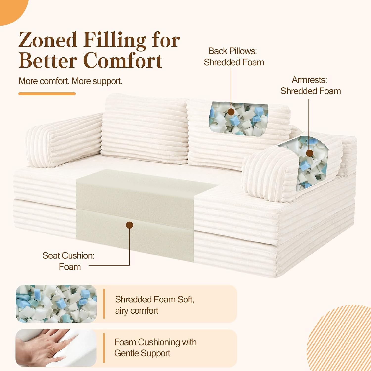 MeMoreCool Convertible Sofa Bed, Folding Floor Couch Bed Queen, Pull Out Sleeper Couch with Pillows, Fold Out Futon Sofa for Bedroom Living Room Small Space, Corduroy Beige