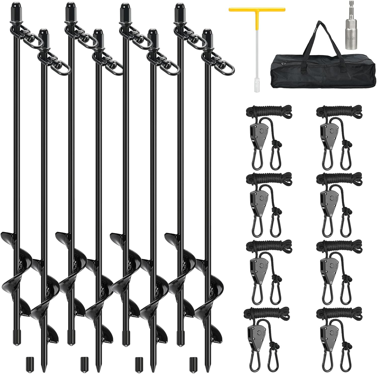 8 Pack Screw-in Tent Stakes, 17.7" Heavy Duty Spiral Ground Anchors (8mm Solid Steel, 1.5" Helix) w/ 8×8ft Ratchet Guy Lines, M12 Wrench & Bag for Camping Tents, Canopies, Tarps, Beach Sand