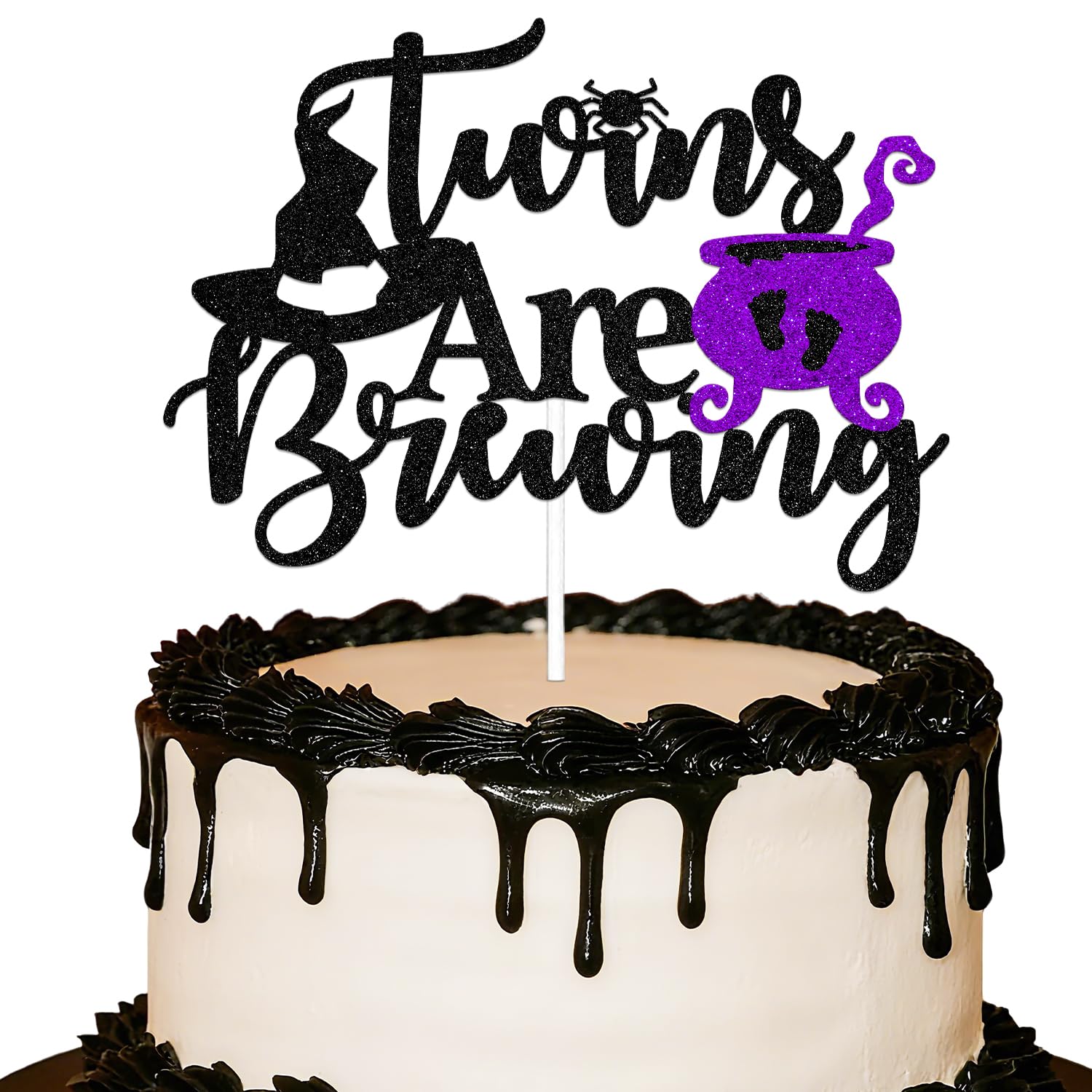 A Baby Is Brewing Cake Topper - Twins Double the Love Cake Topper - Halloween Twins Decoration Black Purple Glitter
