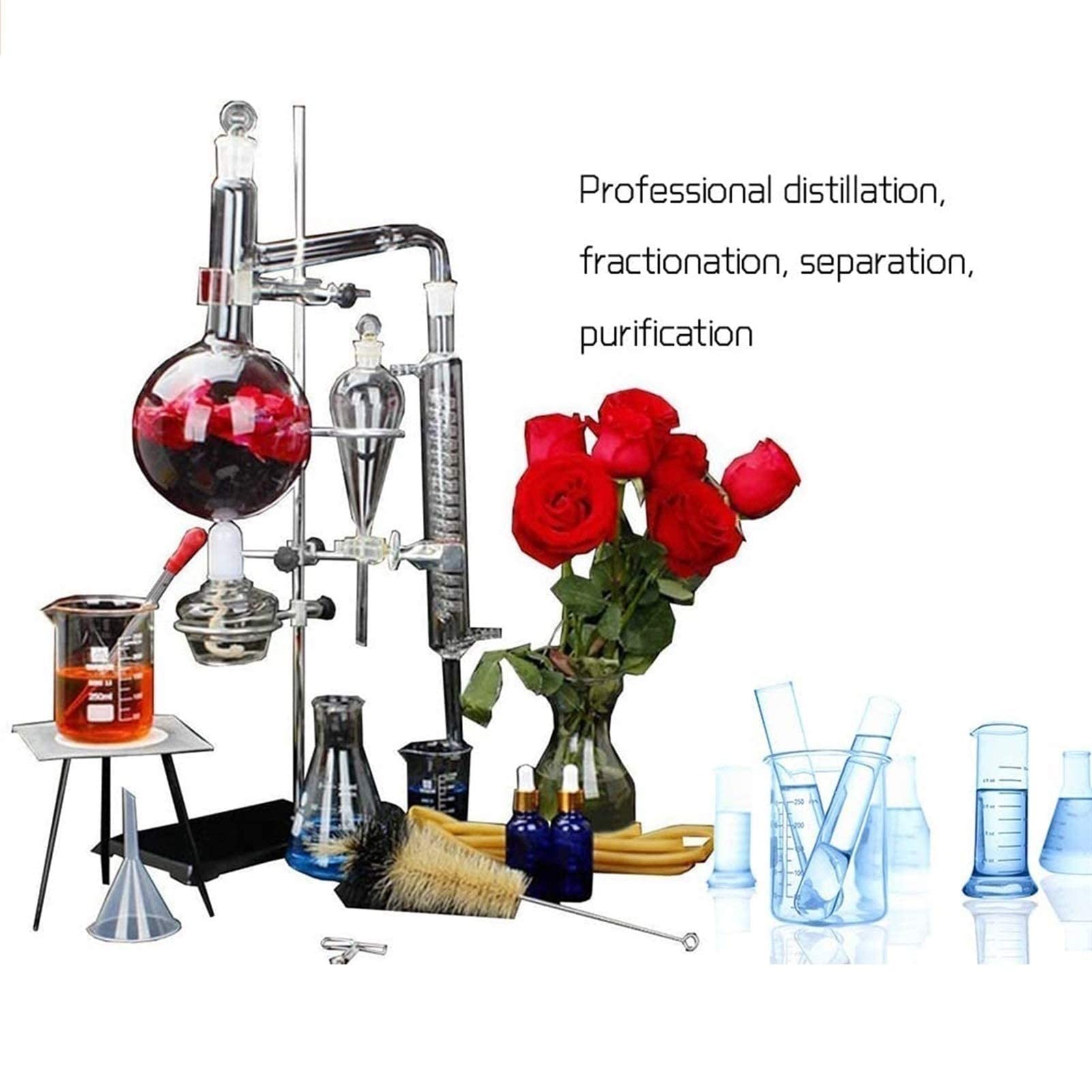 Aparatos Kits de cristalería purificadora de destilador de Agua, Destilación de Aceite Esencial de Laboratorio Profesional, Kit de tubería de Condensador de Embudo de separación Refinación para Equi