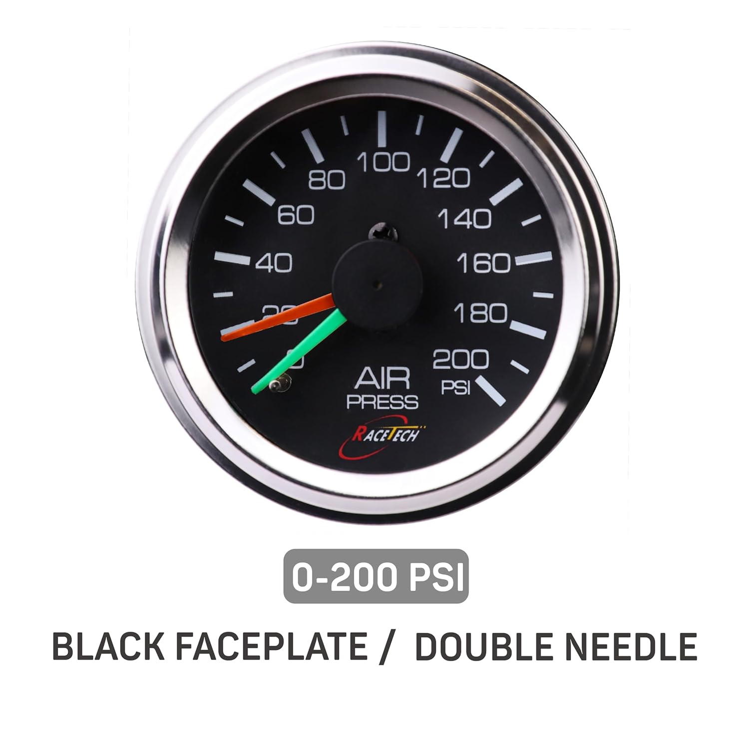RACETECH 52mm (2-1/16") 200 PSI Mechanical Dual Air Suspension Pressure Gauge – Black Dial, Chrome Bezel, 1/8 NPT – for Air Ride Suspension Systems