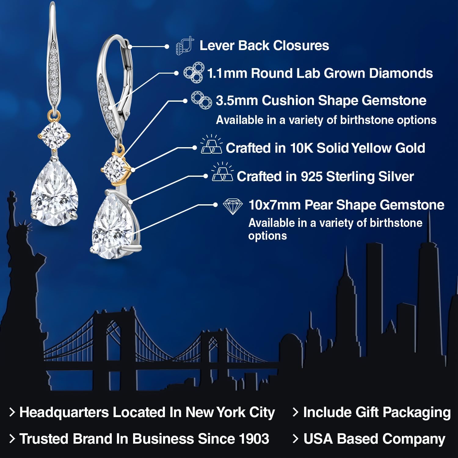 Gem Stone King 925 Silver and 10K Yellow Gold Gemstone Birthstone Moissanite and Lab Grown Diamond Drop Dangle Earrings for Women | Pear 10X7MM | Cushion 3.5MM | 2-Tone Leverback Fine Earrings