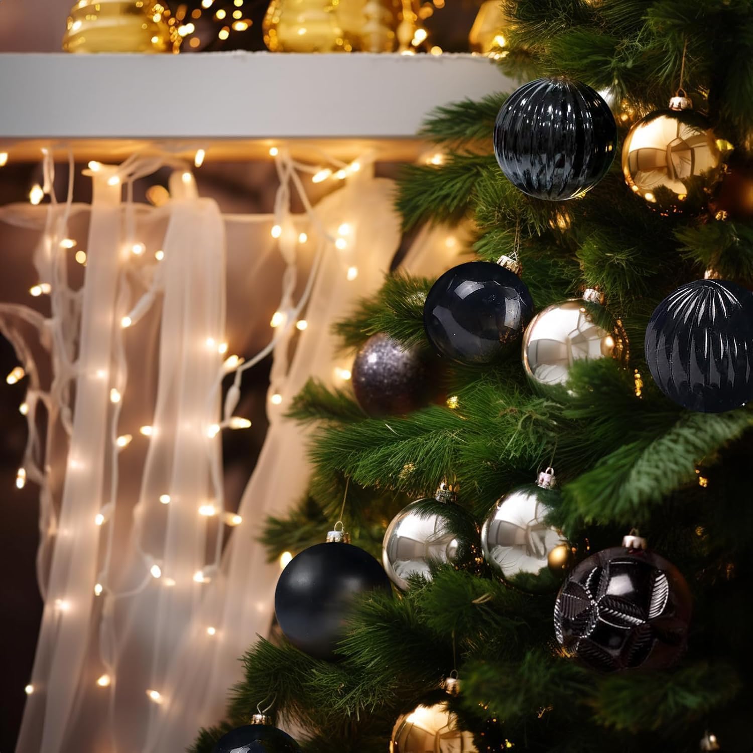34Pcs Black PVC Christmas Balls Hanging Decorations, Glossy Shiny Matte Glitter Mirror Style Xmas Ball Ornaments for Christmas Tree Wedding Festival Decor
