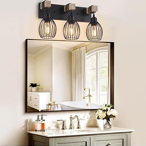 Miniatura 5 de Lámpara de tocador de granja de 3 luces para baño, aplique de pared de madera con elegante jaula de lágrima, luces industriales negras de tocador