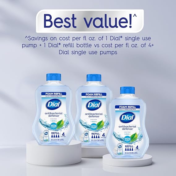 Dial Antibacterial Defense Foaming Hand Soap + Aloe, Spring Water Scent, 30 Fl Oz Hand Soap Refill (4 Pack), Dermatologist-Tested, Gentle on Skin