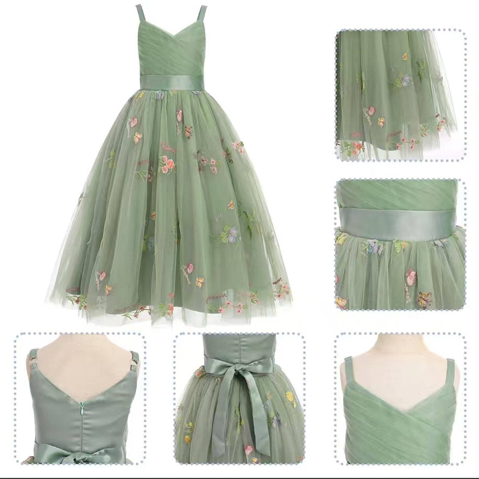 Genérico Vestido de cumpleaños Infantil con Tirantes de Encaje Bordado (3 a 14 años) (Green, 8-10 Years)
