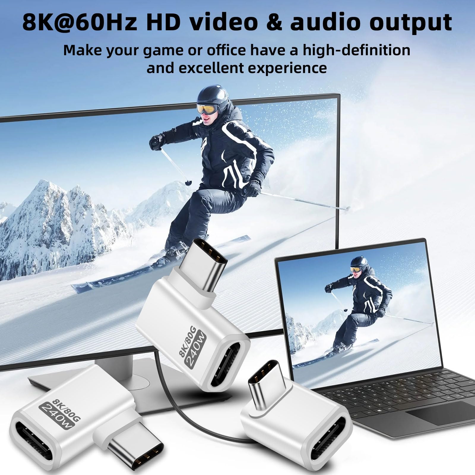 3 adattatori USB C Extender 90 gradi, 80 Gbps USB C maschio a femmina, adattatore angolare 240 W Thunderbolt 5 Extension Connector per iPhone 15/16, Team Deck, tablet, telefoni, altri dispositivi di