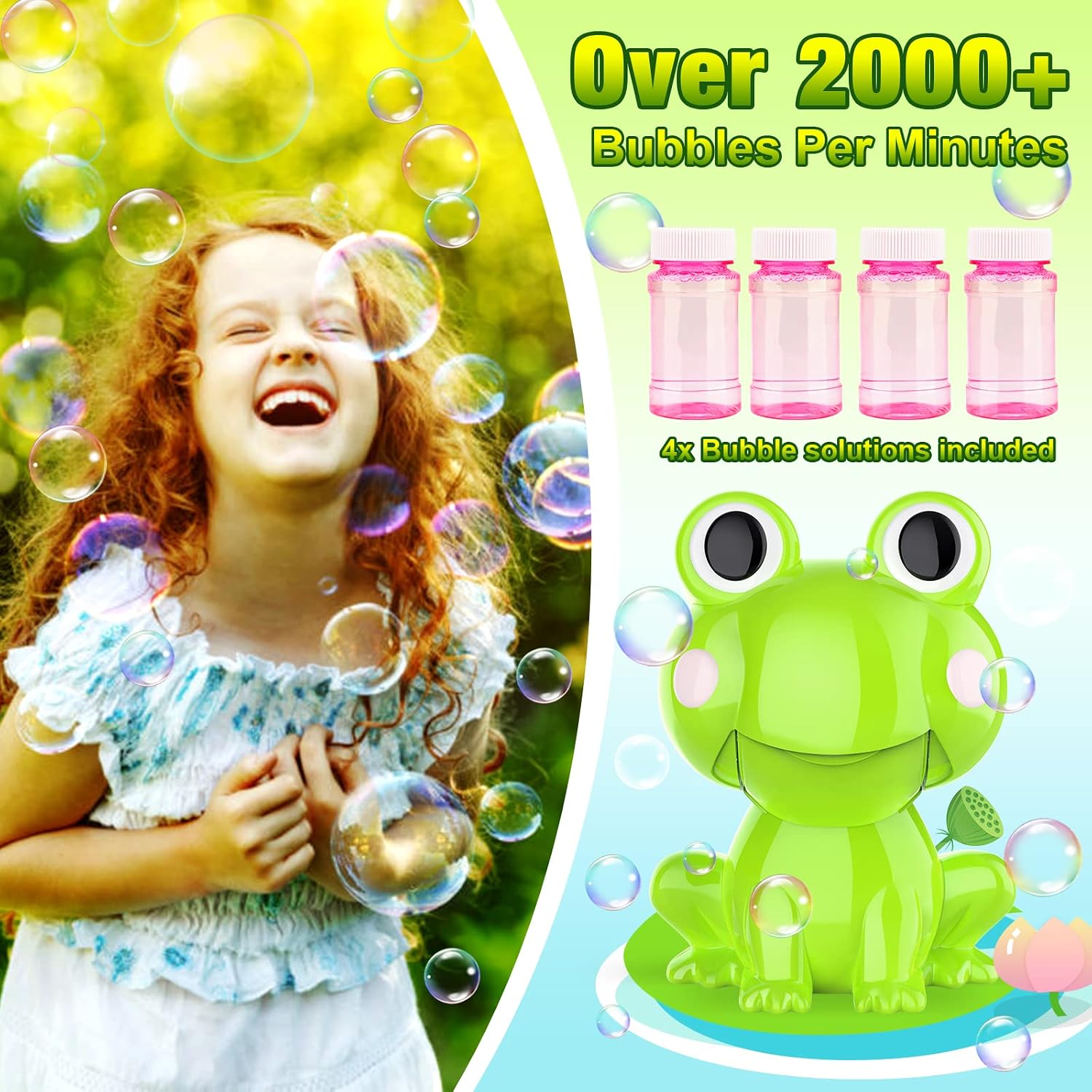 Blasland Bubble Machine for Toddlers Automatic Rechargeable Bubble Blower, [2000+ Bubbles / Min] Frog Bubble Maker with Bubble Refills & Battery for Kids, Bubble Toys for Indoor Outdoor Birthday Party