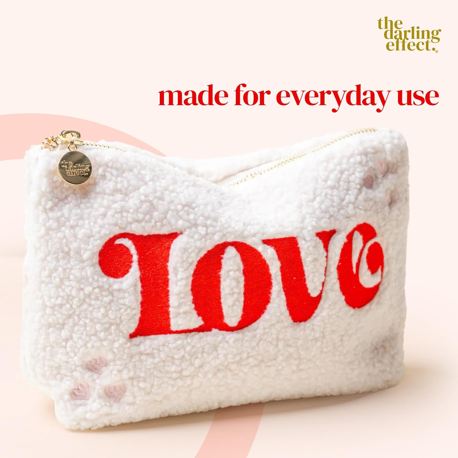 The Darling Effect Teddy Pouch – Festive Plush Zipper Cosmetic & Travel Bag – Cozy Teddy Pouch for Makeup, Purse Organization & Seasonal Gifting, Love