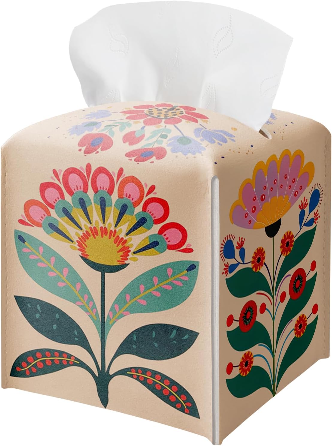 Boho Tissue Box Cover Holder Square, Floral Scandinavian Leather Tissue Box Cover, Paper Facial Decorative Tissues Cover for Night Stands, Bathroom, Kitchen, Office, Home Decor