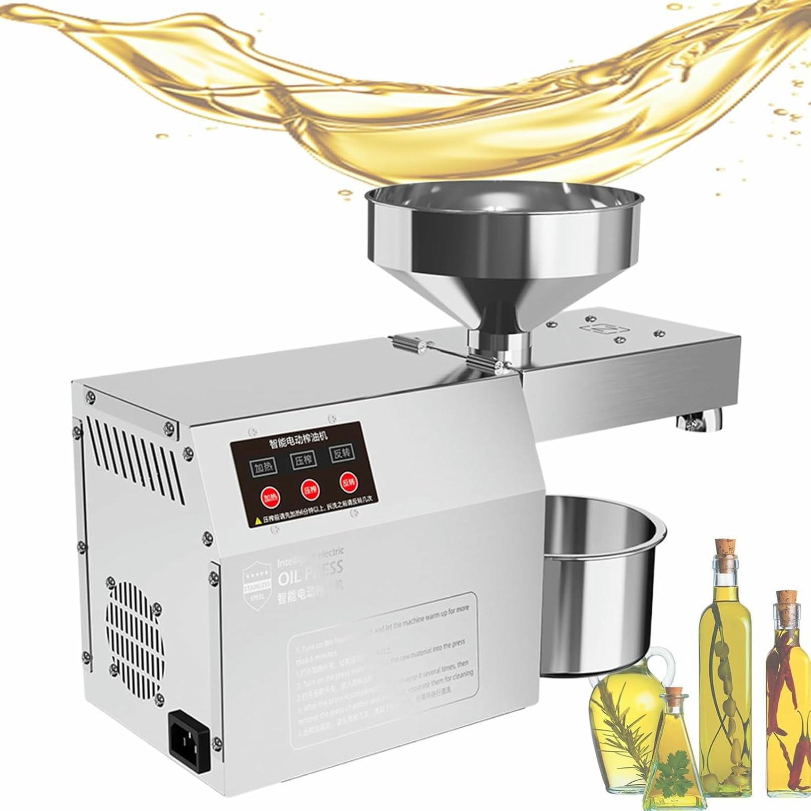HADECOLL Automatic Electric Oil Press Machine, 304 Stainless Steel Commercial Oil Extractor for Seeds, Peanut, Flax, Sunflower, Hemp, Sesame,