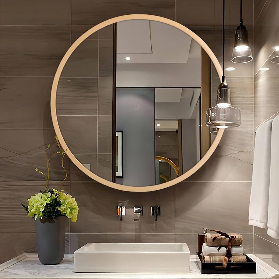 洗面所 天然木フレーム 壁掛けミラー 玄関 丸型ミラー