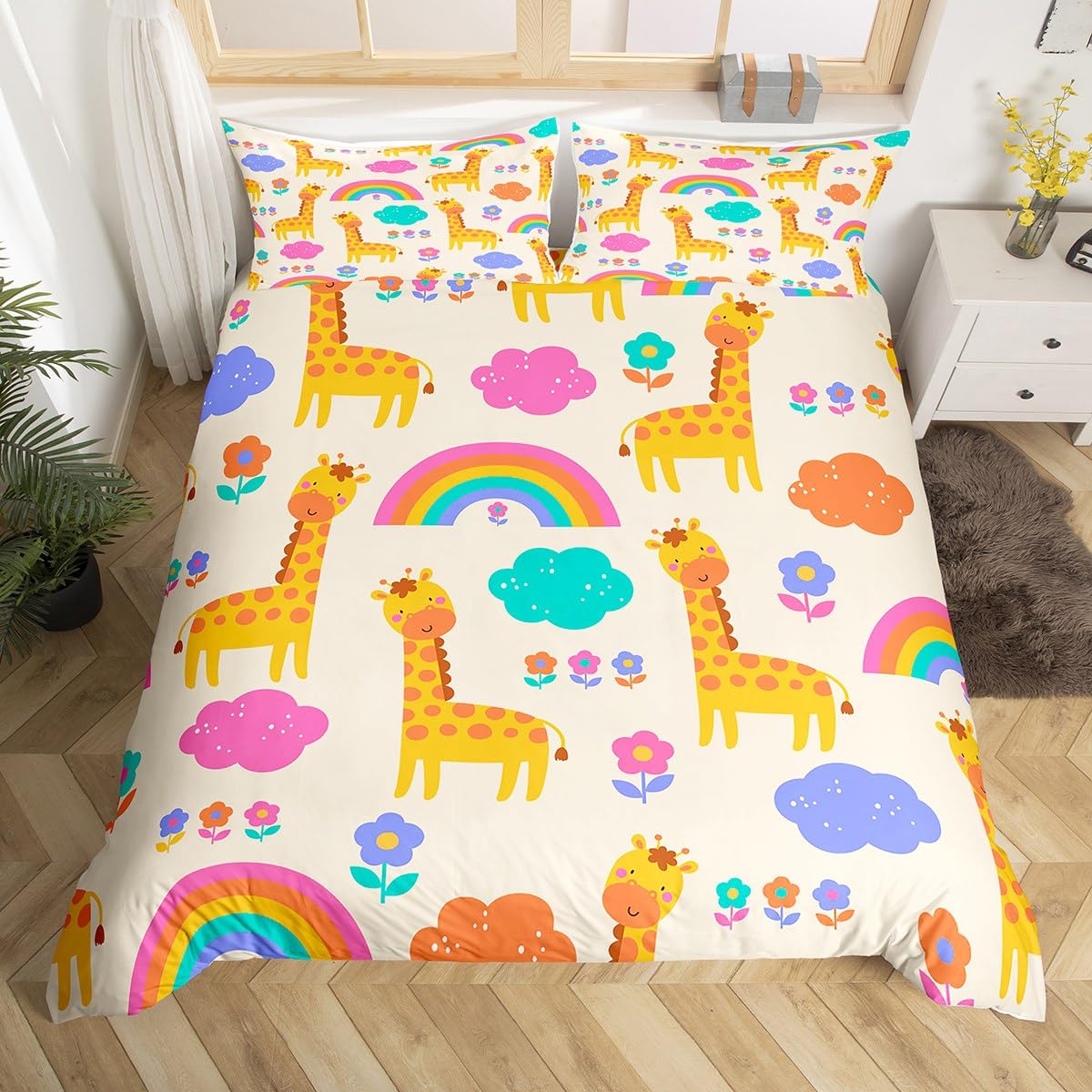 Copripiumino singolo con giraffa a fumetti per ragazzi e ragazze, set di biancheria da letto arcobaleno adorabile per bambini, donne e uomini, ultra morbido, set di copripiumino arcobaleno per bambini