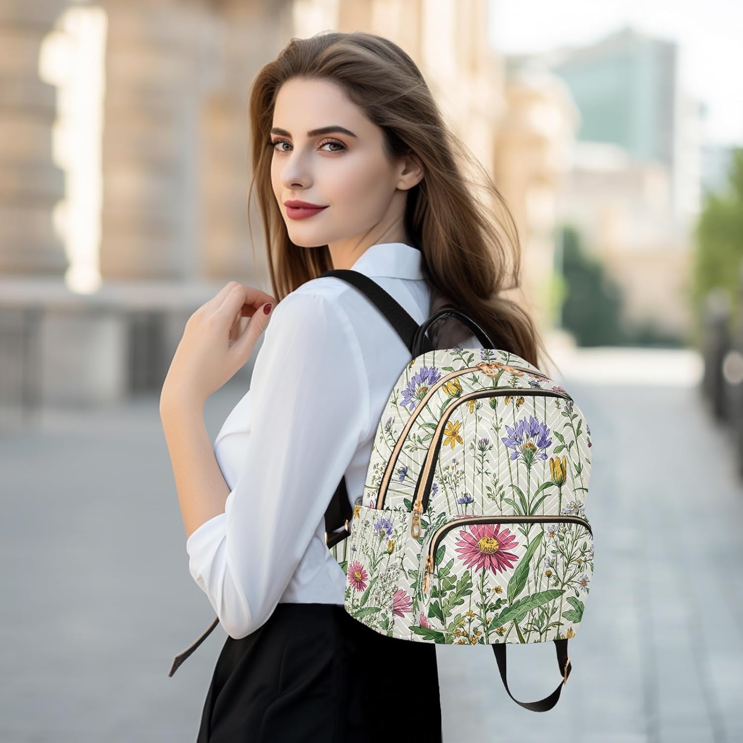 Quilted Backpack for Women Diverse Floral Pattern Carry-On 14 Inch Laptop Backpack