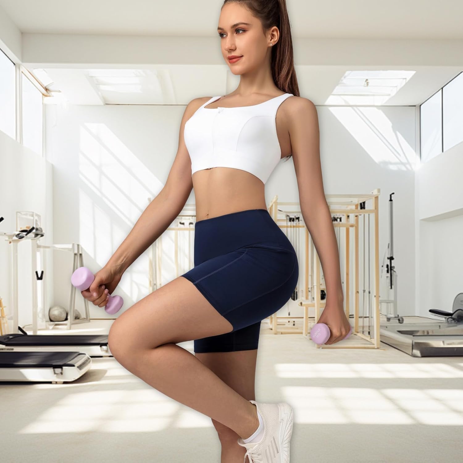 2 Packs Yoga Shorts for Women with Pockets, Spandex 5" Biker Shorts Workout Running Gym Cycling Volleyball - Image 3