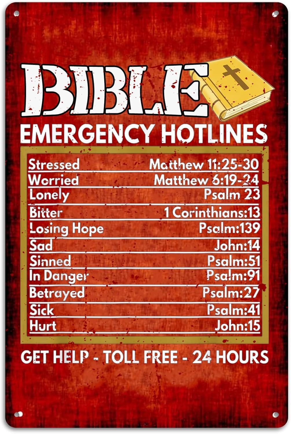 Bible Emergency Hotlines Metal Tin Sign Funny Wall Art Poster For Home Office Restaurants Bedroom Cafes Bars Pub Man Cave Wall Decor Plaque Sign 8 X 12 Inch