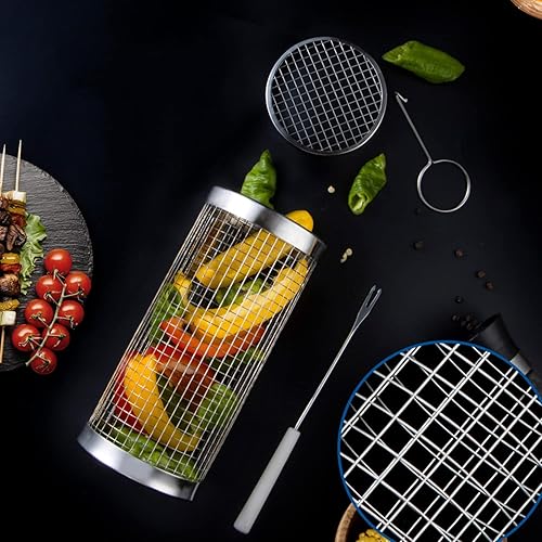 Miniatura 4 de Cesta de parrilla para barbacoa, canasta cilíndrica, canasta portátil para barbacoa al aire libre, para verduras, pescado y papas fritas, camping,