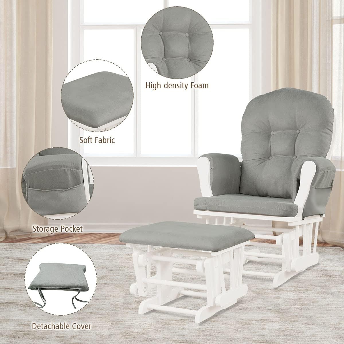 Costzon Nursery Glider with Ottoman, Upholstered Comfort Glider Rocker with Padded Cushion, Storage Pocket, Solid Wood Base, Rocking Chair Nursery for Breastfeeding, Napping (Light Gray)
