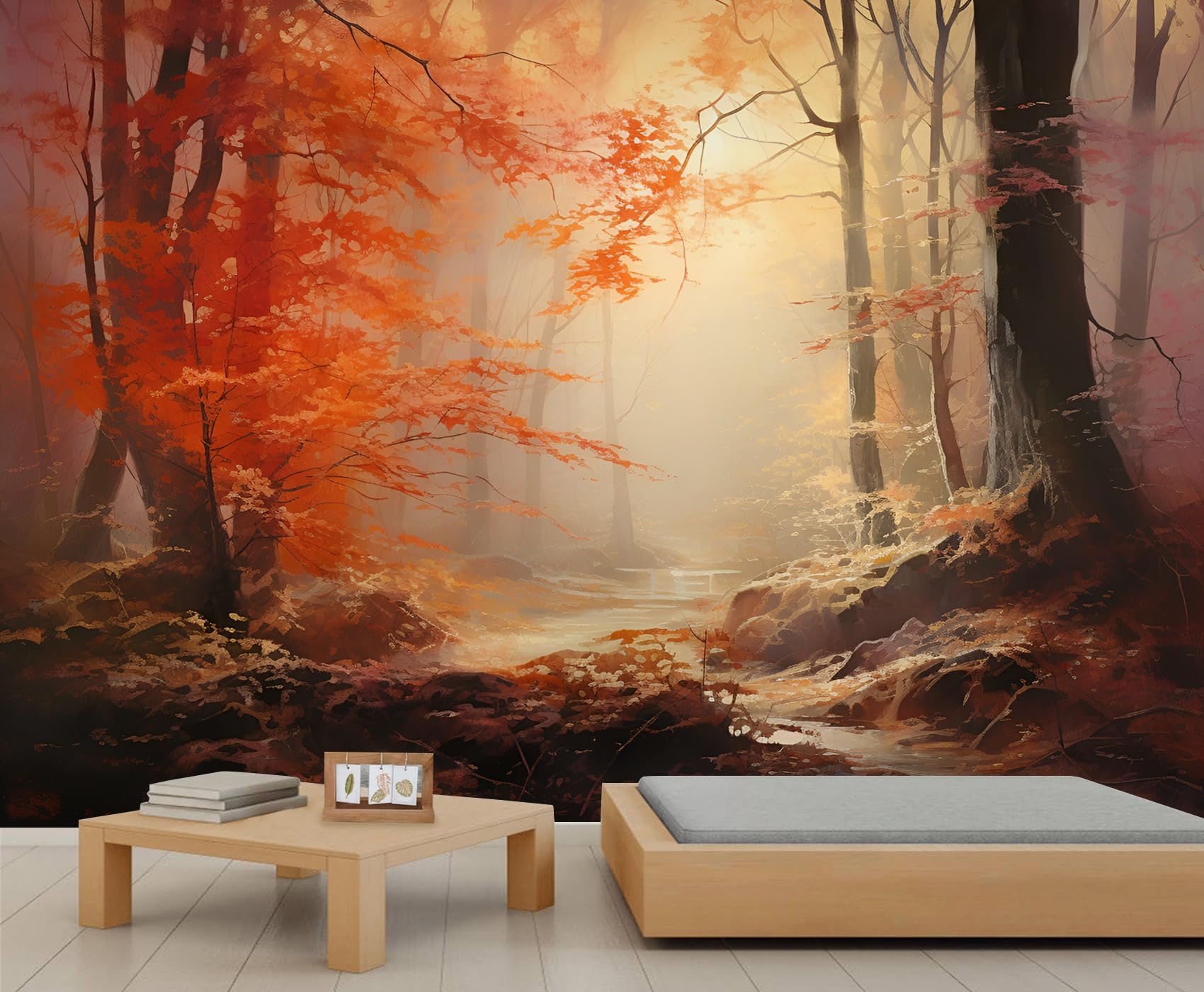 YXQAIED Red Maple Leaves Wallpaper, Forest River Photo Wallpaper Natural Landscape Bedroom Kids Room Living Room Decoration Poster, 390x260cm